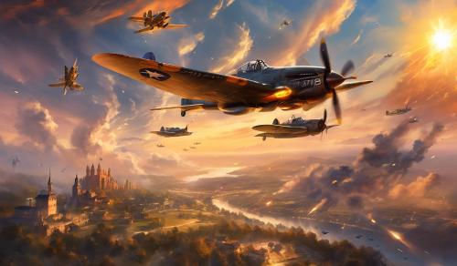 I want the P-47B fighter plane dropping bombs and rockets over a military base in Germany with the sun set at sunset in the background