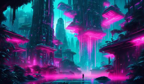 dark dystopian cyberpunk rainforest with neon pink and teal