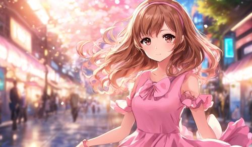 anime girl with light brown hair wearing a pink short dress