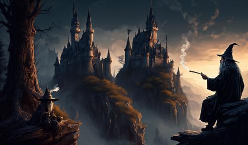 Dark fantasy art castle in the background and with a wizard sit down, smoking on a long wood pipe