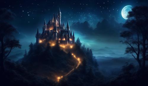 Dark castle on a hill surrounded by woods at night