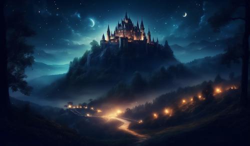 Dark castle on a hill surrounded by woods at night