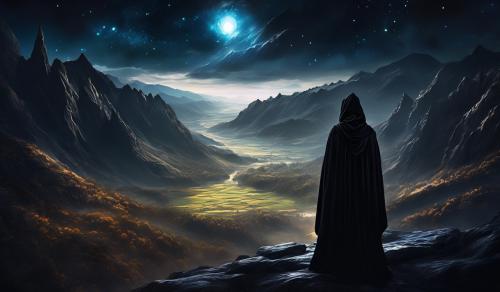 Hooded man in black robes overlooking a valley. Its dark and the sky overhead is casting light