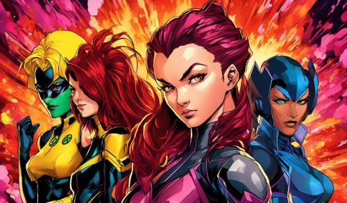 Xmen rogue, jean grey, storm, jubilee battlinig centenals