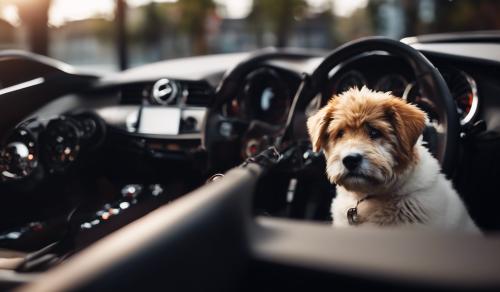 perro maltes negro en un auto nissan gtr