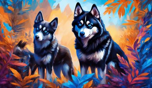 black husky with blue eyes and brown husky with blue eyes in a colorful background