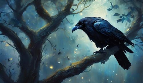 black raven with a sharigan in a tree