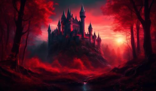 A dark medieval castle in a forest with a red ambient light