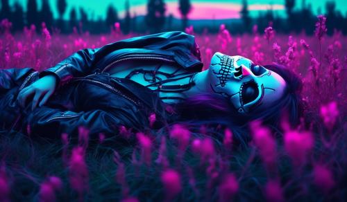 Skull like woman laying in dark meadow. Missing someone.