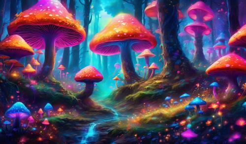 Psychedelic vibrant mushroom forest with an xbox