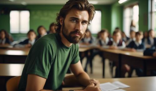 A handsome hairy teacher with green eyes, and brown hair undercut mullet. hes sitting in a class room alone. 