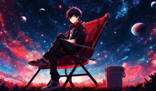 A boy with black and red hair sitting on a lawn chair on a planet with a red galaxy background