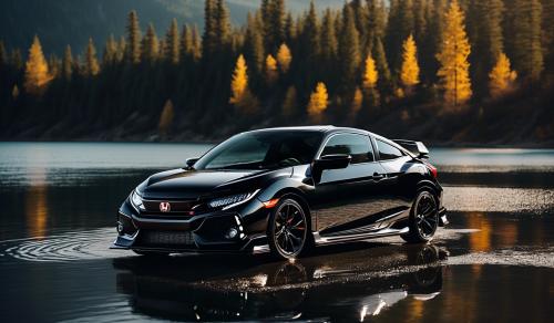 Black honda civic si coupe on a mountain lake