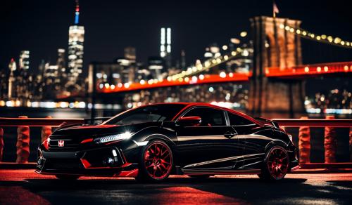 Black with red honda civic coupe si 2007 in front of Brooklyn bridge at night