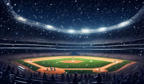 Baseball stadium at night snowing