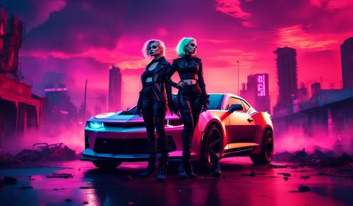 two blonde women in wearing goth clothes in post apocalyptic city with a 2017 Camaro RS as their car . city has red sky with smoke 