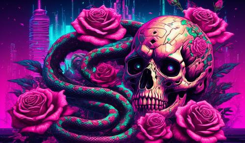 Skull with a rattlesnake crawling through the eyes and roses