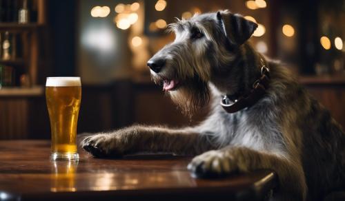 Irish wolfhound holding a beer and a gun