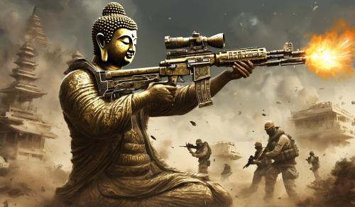 Buddha shooting a Modern Warfare 2 gun.