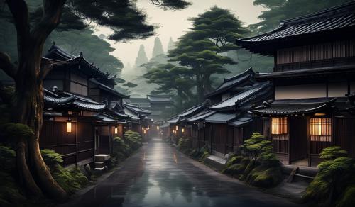 Edo period street in Japan. dark. surrounded by forest. no people. 