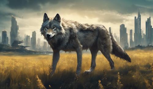 Humanoid wolf in feild outside city