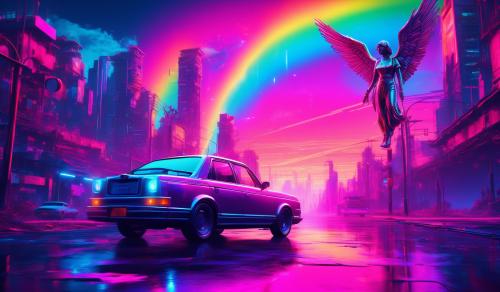 rainbow at the end of the road with car heading towards it and metal angel flying above the car