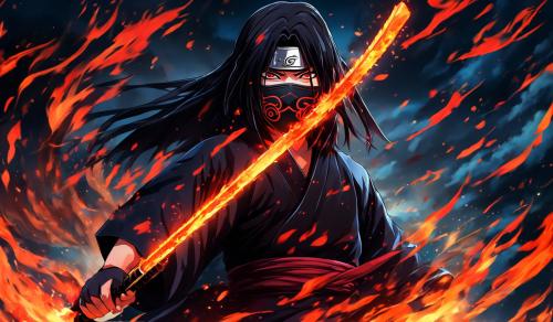 itachi image with katana that has fire on it, mask on