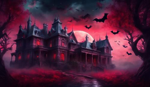 Creepy mansion and bats with crimson eyes