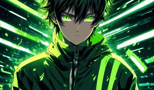 a boy which skin is dark like a shadow wearing tracksuit having lime colored eyes and lime color light is emiting from his eyes and green reflextion on his black hair