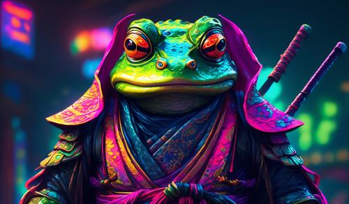 Frog wearing a neon colored samurai suit