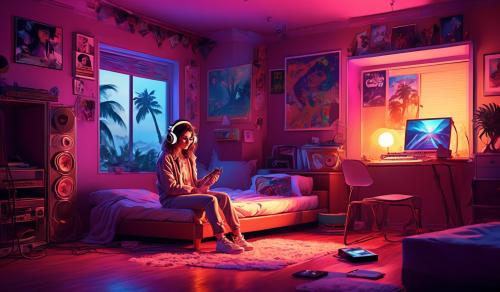 a girl listening to music on her bedroom floor, in an80s style bedroom, music posters, band décor 