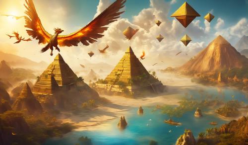 Pyramids floating on the islands of pandora and dragons flying with an enourmos phoenix flying up in  the backround