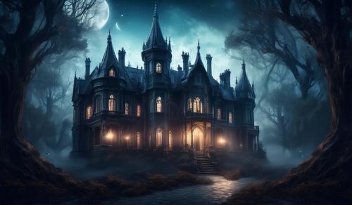 Scary gothic mansion surrounded in creepy woods