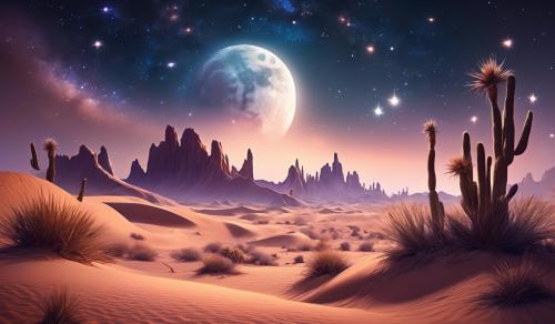 Desert with a supermoon and shooting stars