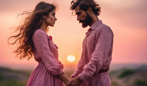 a girl with tied hairs and slim body wearing a pink floral frock with a boy who is 6feet tall messy hairs and light beard and moustache standing in front of a sunrise scenery holding each other hands