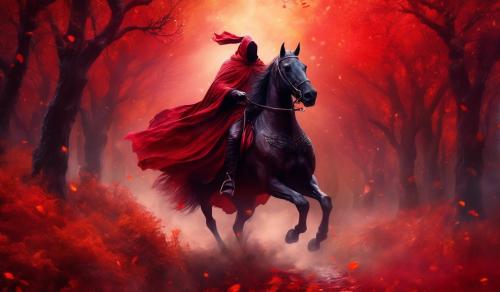 Headless horseman riding in the season of autumn on a crimson red night