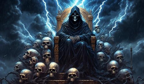 Grim reaper sitting on a throne made of skulls with a thunderstorm background