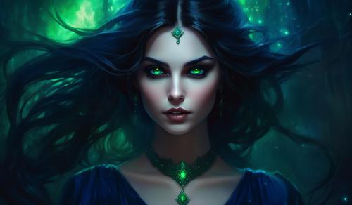 Beautiful brunette vampire girl with green eyes and nose ring with a dark blue dress