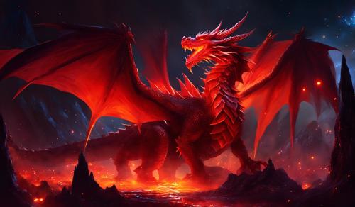 Red dragon, big, spikes, night, glowing, fire