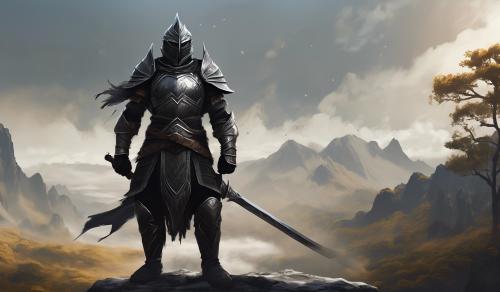 a warrior with a light black armor, he has an Sword and he is Standing on acliff in the nature