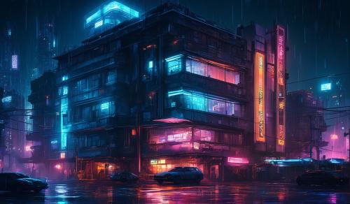 building at night in cyberpunk theme