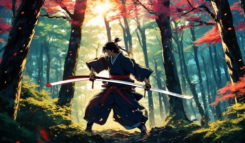 Two samurai stab each other through the chest with katana's in the woods as the sun rise's.