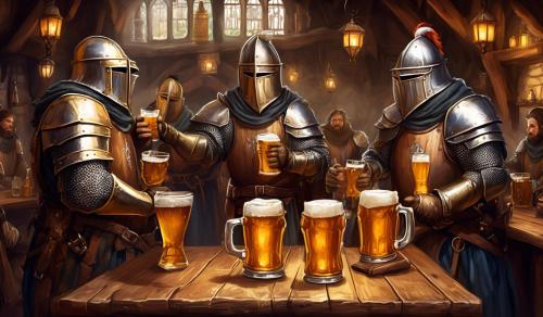 Medieval Knights clanging beer mugs in a Tavern.