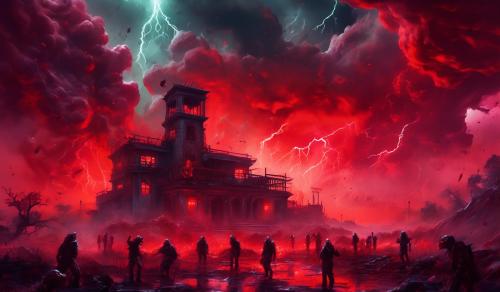 Quarantine zone with zombies and red thunderstorm background