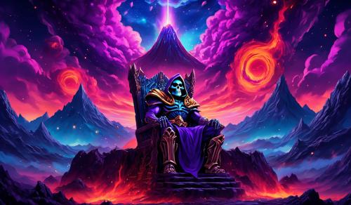 Skeletor on a gothic throne with a volcano behind him and intergalactic sky