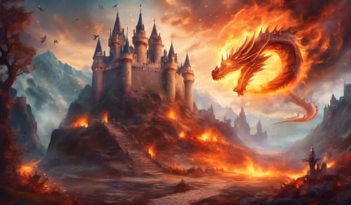 Dragons and castles set ablaze with skeleton remains on the ground