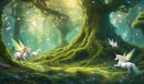 A small and cute fairy is flying around big, mossy trees and unicorns are eating grass