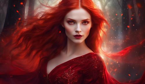 Stunning redhead female vampire with hazel eyes and a red dress