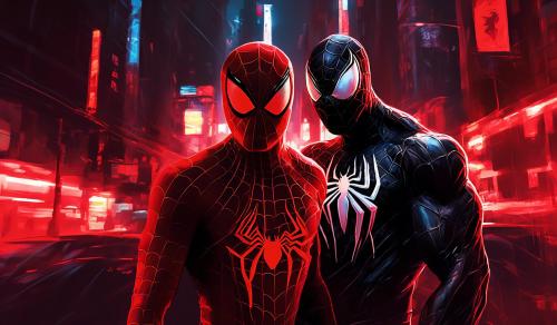 spiderman and venom in red light