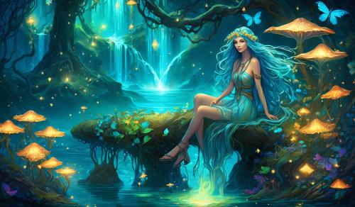 hd art nouveau beautiful fairy with long blue wavy hair, sandals made of vines and flowers that tie up to the knee, sitting on a mushroom  with her pet dragon background has bioluminescence fireflies of variety of colors and a beautiful bioluminescence turquoise waterfall in the background mystical 